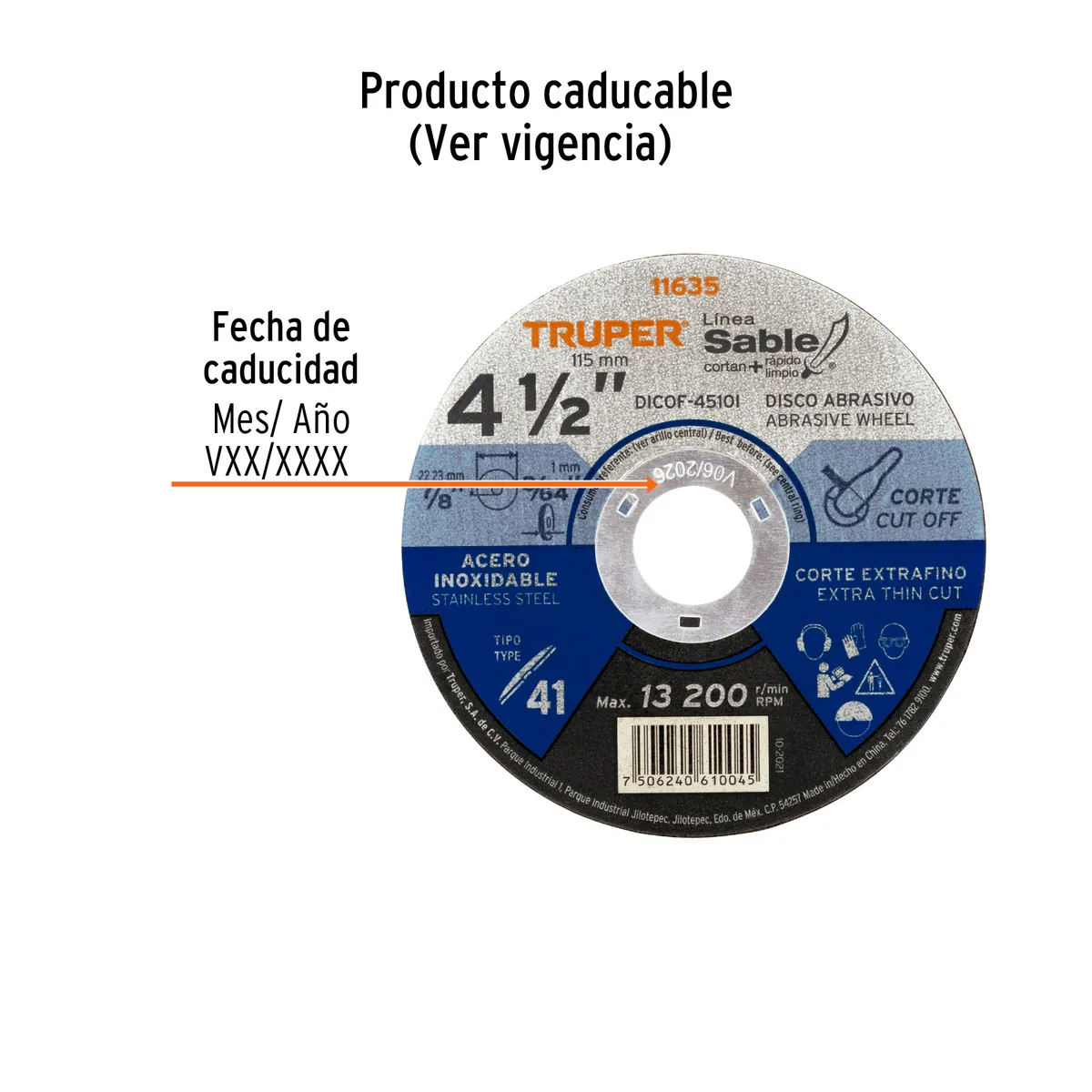 Disco Tipo 41 de 4 1/2" x 1 mm Fino para Acero Inoxidable Truper - 11635