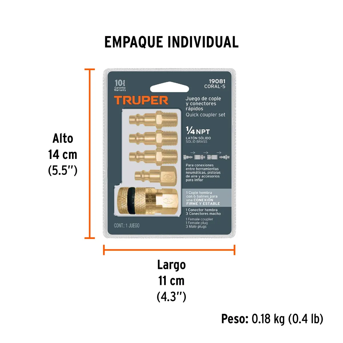 Cople Rápido Hembra con 4 Conectores Macho 1/4" Truper - 19081