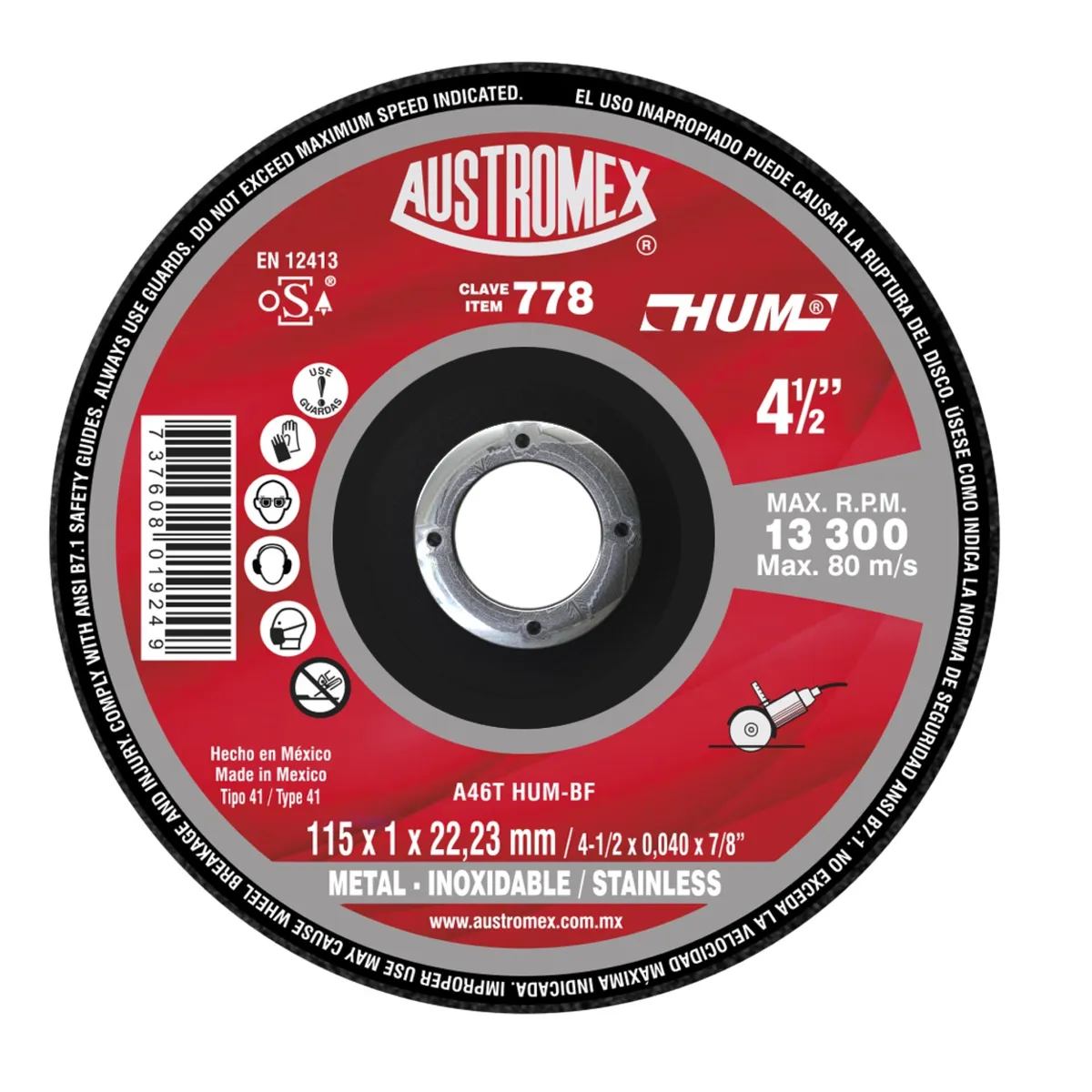 Disco de Corte para Metal 4 1/2" x 1/16" x 7/8" Austromex - A-778