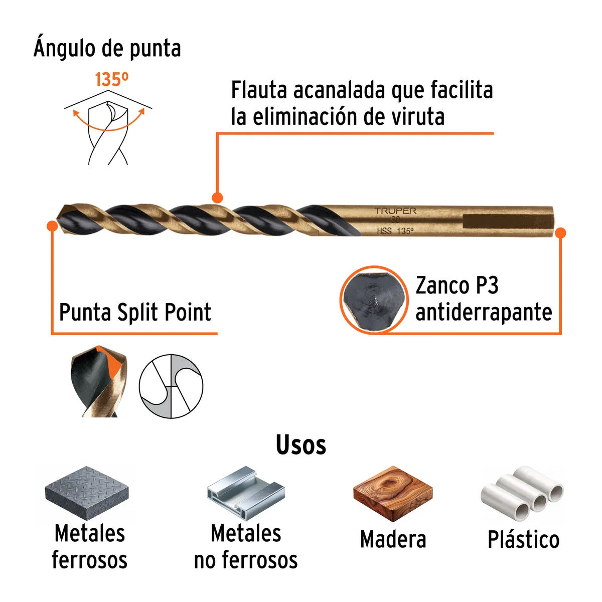 Broca HSS 3/16" Trugold para Metal Truper Expert - 11126