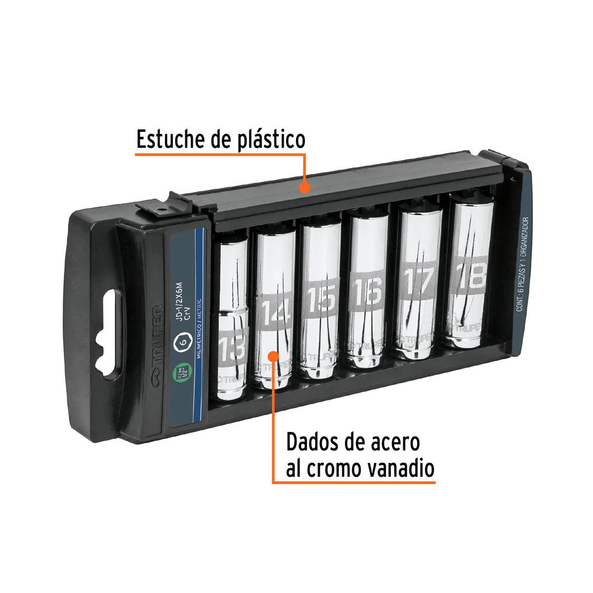 Juego de 6 Dados Largos 1/2" mm JD-1/2X6LM Truper - 14175