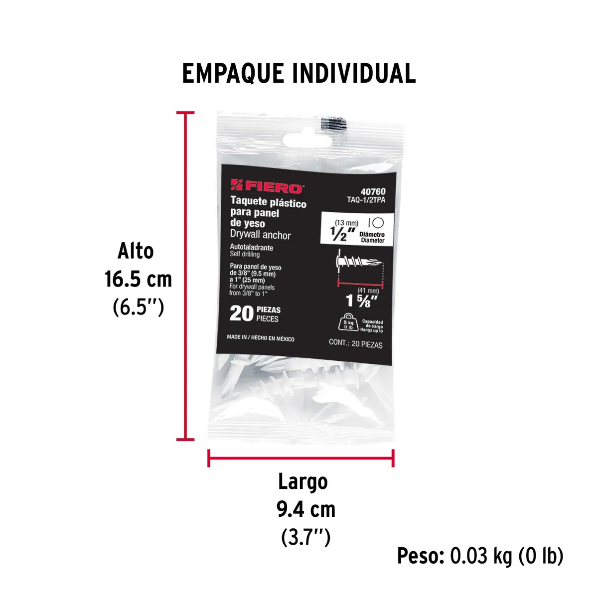 Bolsa con 20 Taquetes de Plástico 1/2" para Panel de Yeso Fiero - 40760