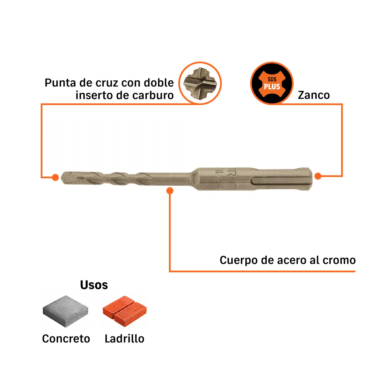 Broca SDS 1/4" x 4" para Concreto BS-1/4X4 Truper - 11263