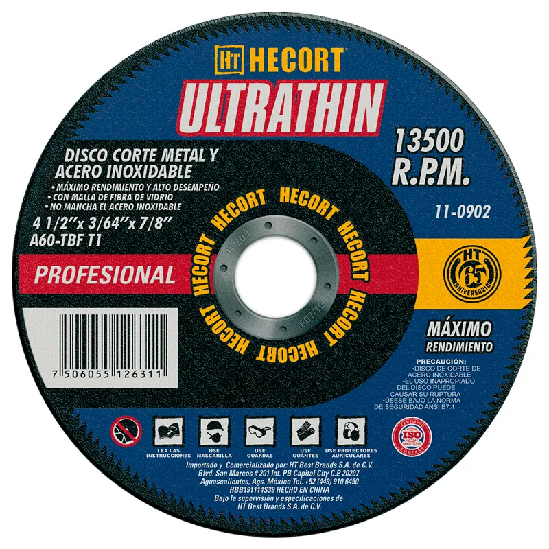 Disco Abrasivo de Corte para Acero Inoxidable HECORT Ultrathin 4 1/2" x 3/64" x 7/8" Centro Plano