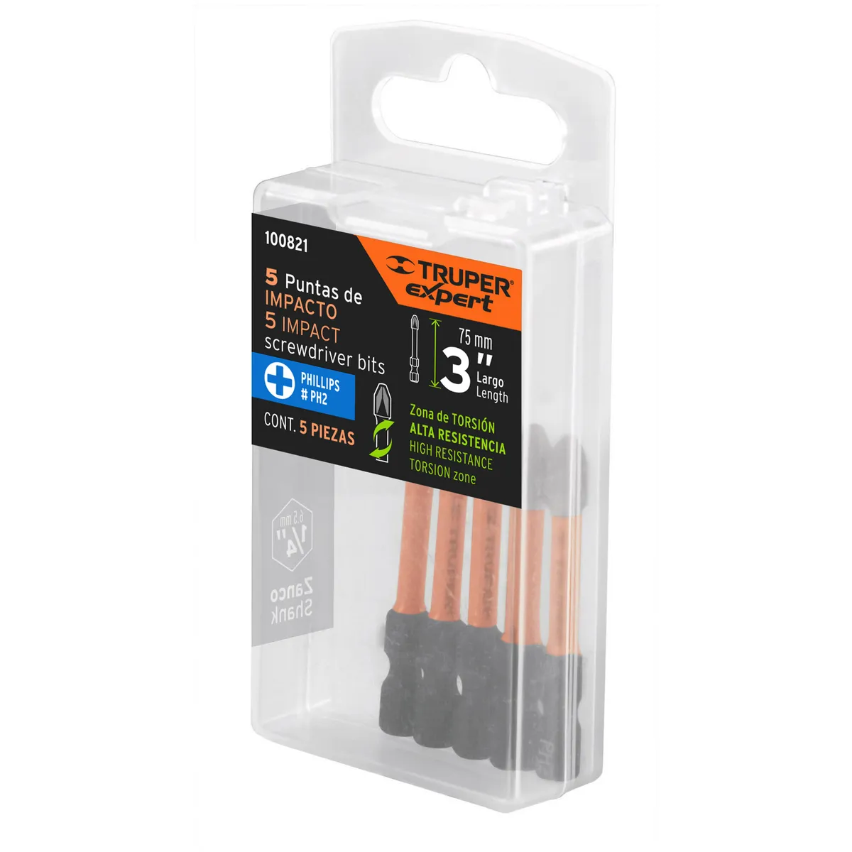 Estuche con 5 Puntas de Cruz PH2 de Impacto Largo 3" Truper - 100821