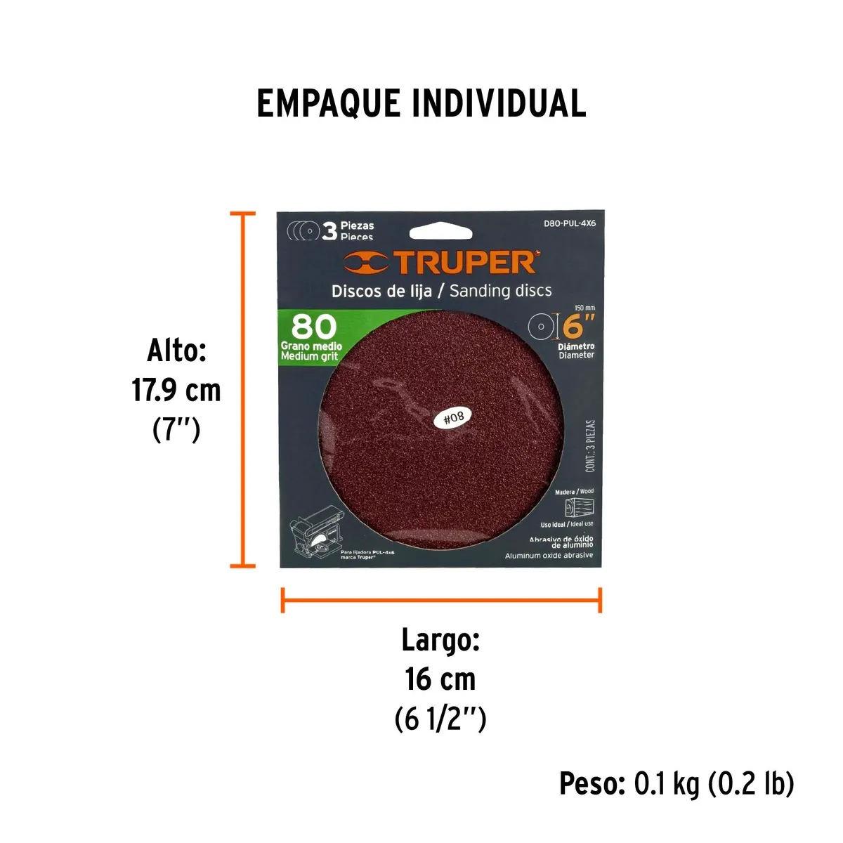 Paquete con 3 Discos de Lija 6" Grano 80 Truper - 16164