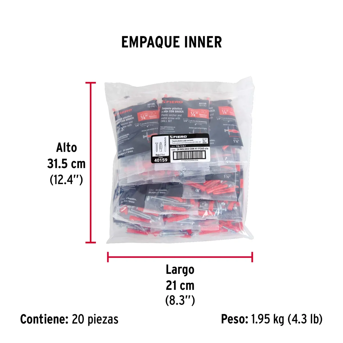 Kit de 20 Taquetes 1/4" con Pija #8 y Broca 1/4" Truper - 40159