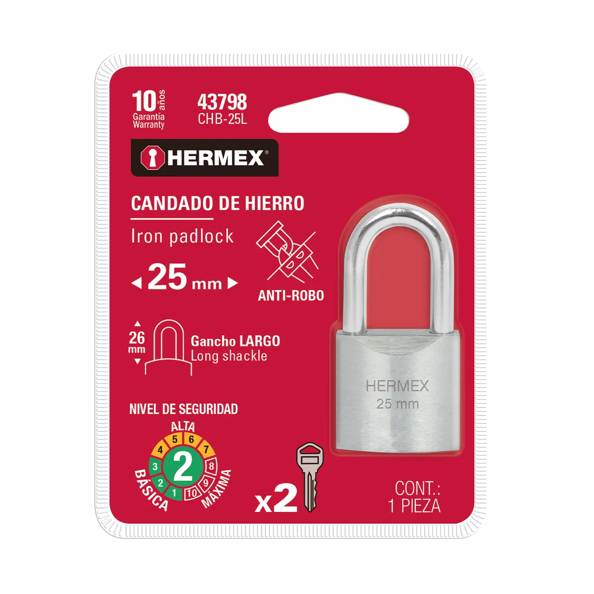 Candado de Hierro 25 mm Gancho Largo CHB-25L Truper - 43798