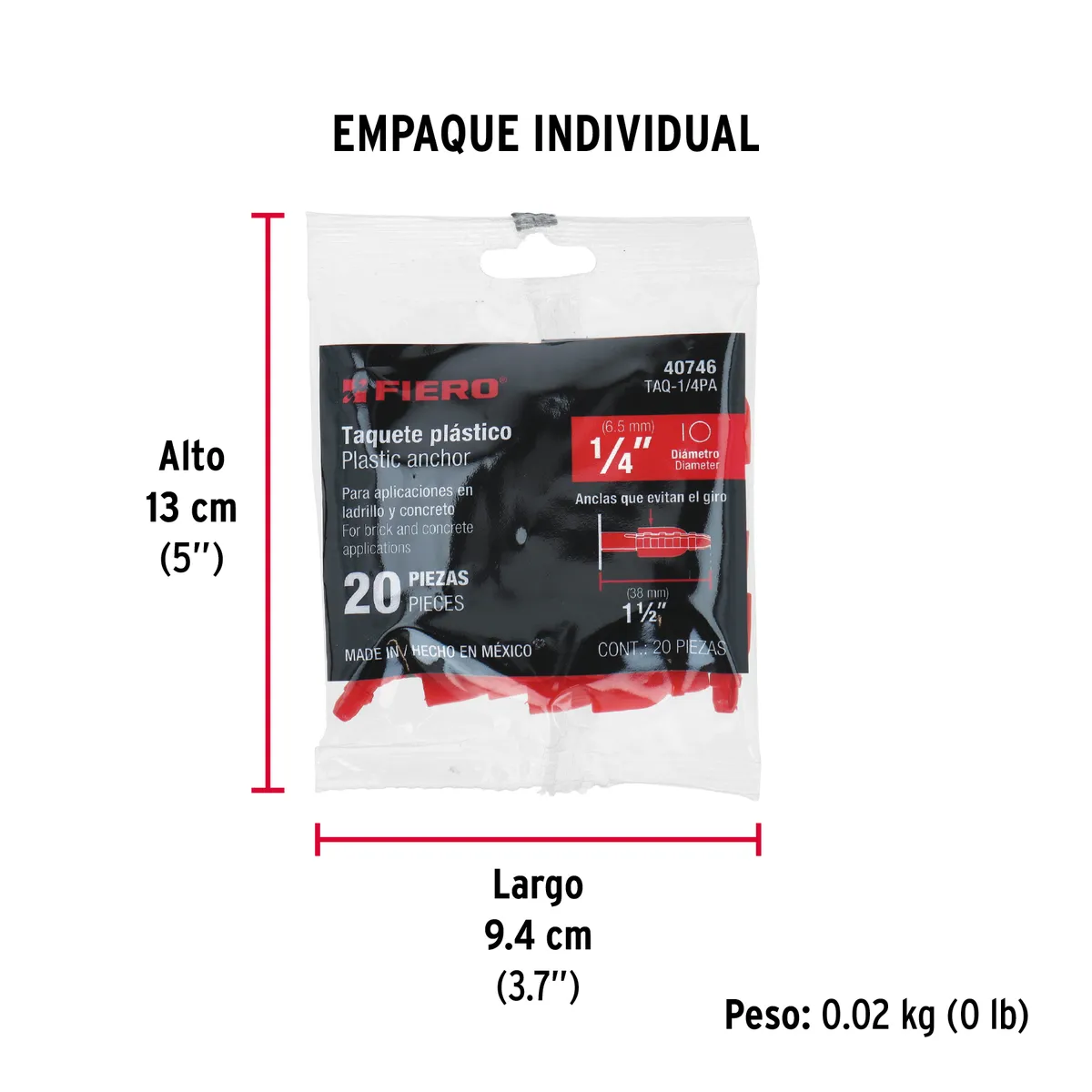 Bolsa con 20 Taquetes de Plástico 1/4" Fiero - 40746
