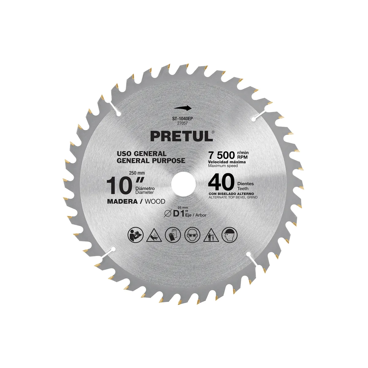 Disco Sierra 10" para Madera 40 Dientes Centro 1" Pretul - 27057