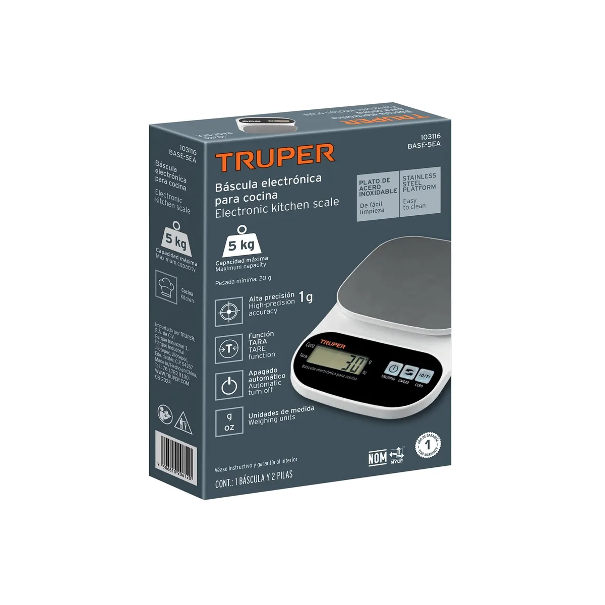 Báscula Digital para Cocina con Plato de Acero Inoxidable 5 kg Truper - 103116