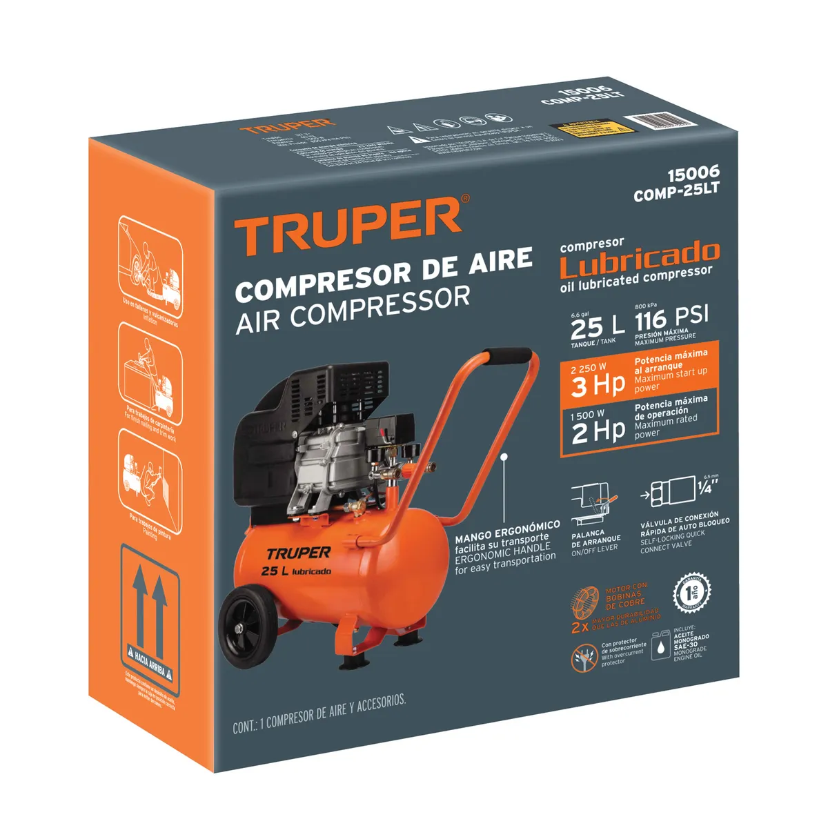 Compresor Lubricado 25 L 3 HP Horizontal 127 V Truper - 15006