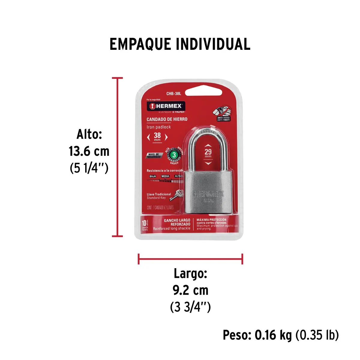 Candado de Hierro 38 mm Gancho Largo CHB-38L Truper - 43326