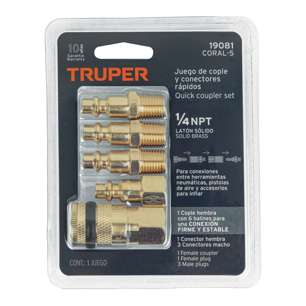 Cople Rápido Hembra con 4 Conectores Macho 1/4" Truper - 19081