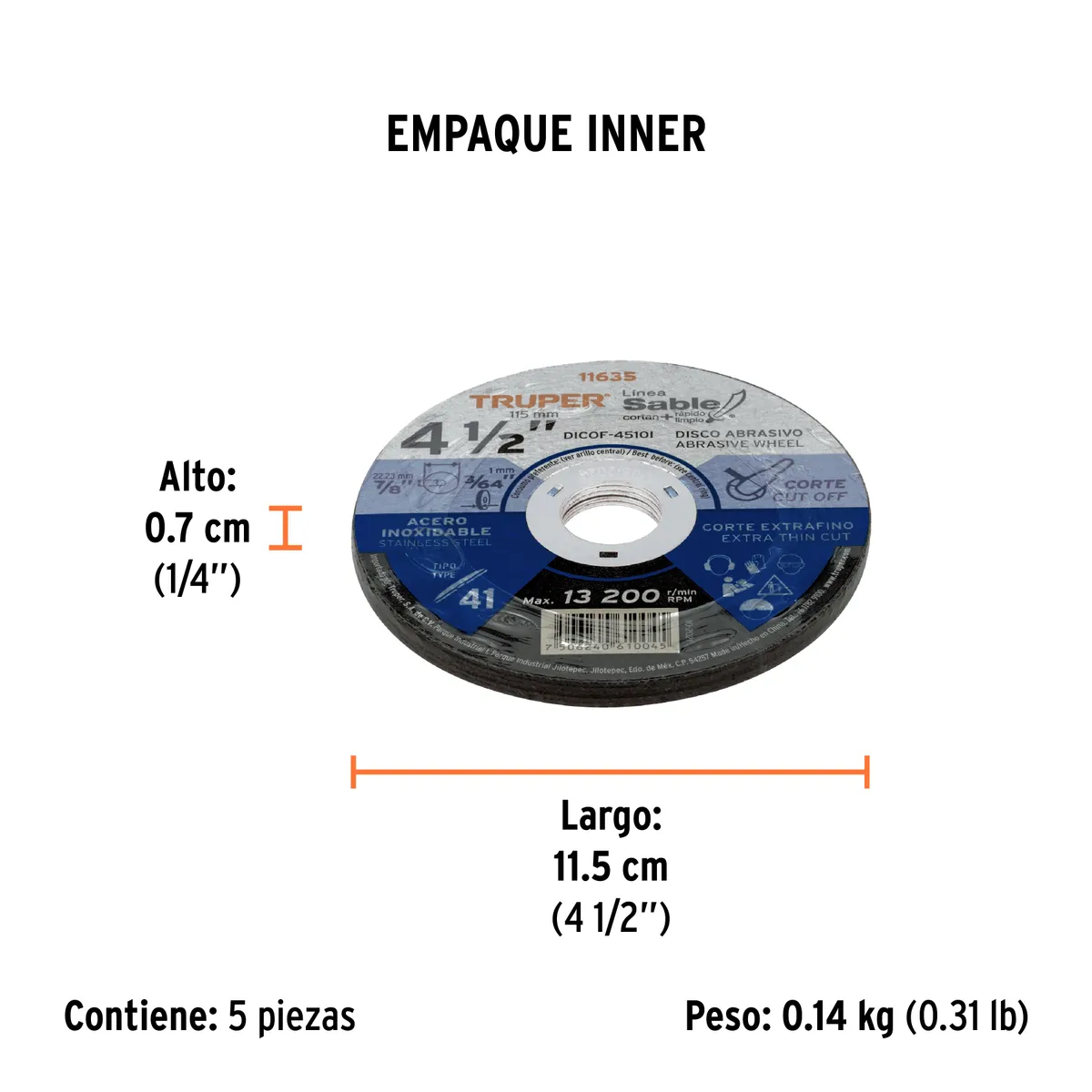 Disco Tipo 41 de 4 1/2" x 1 mm Fino para Acero Inoxidable Truper - 11635