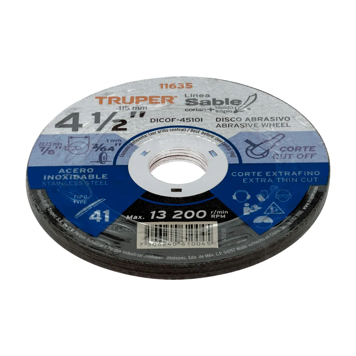 Disco Tipo 41 de 4 1/2" x 1 mm Fino para Acero Inoxidable Truper - 11635