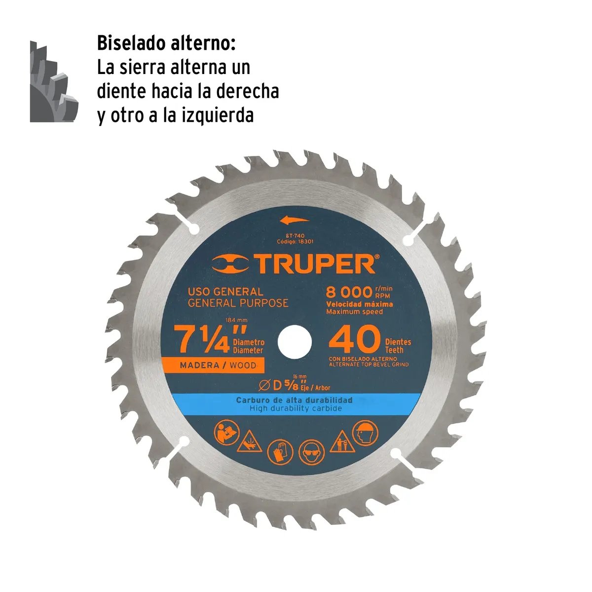 Disco Sierra 7 1/4" para Madera 40 Dientes Eje 5/8" Truper - 18301