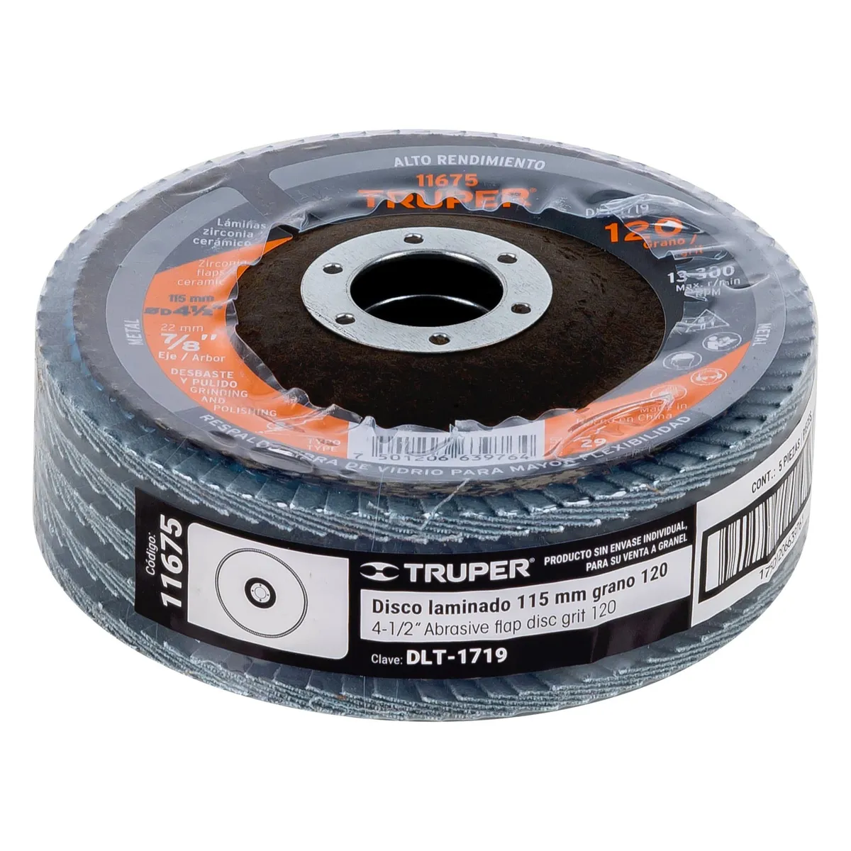 Disco Laminado Centro 7/8" Grano 120 de 4 1/2" Truper - 11675