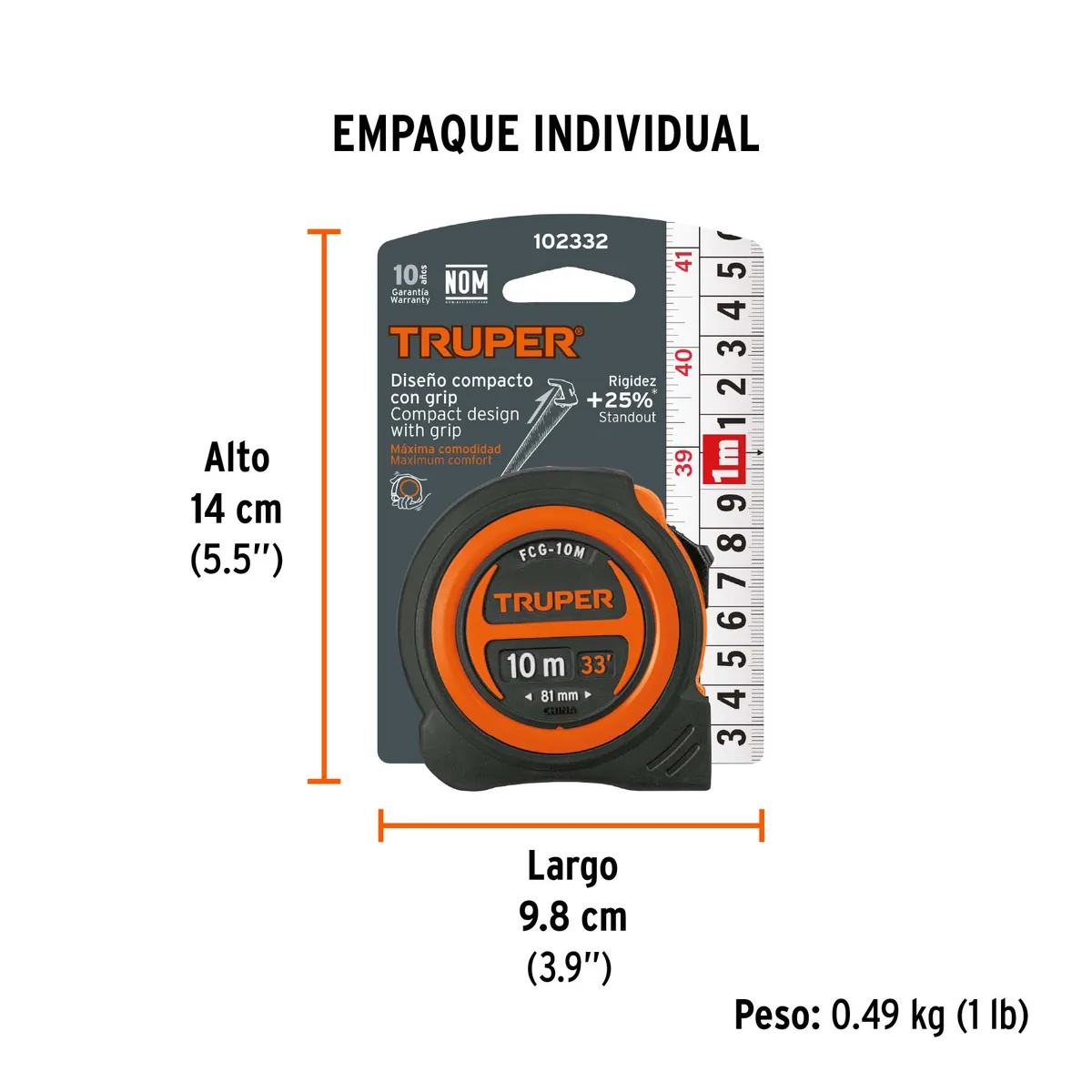 Flexómetro Compacto Contra Impactos 10 m x 25 mm Truper - 102332