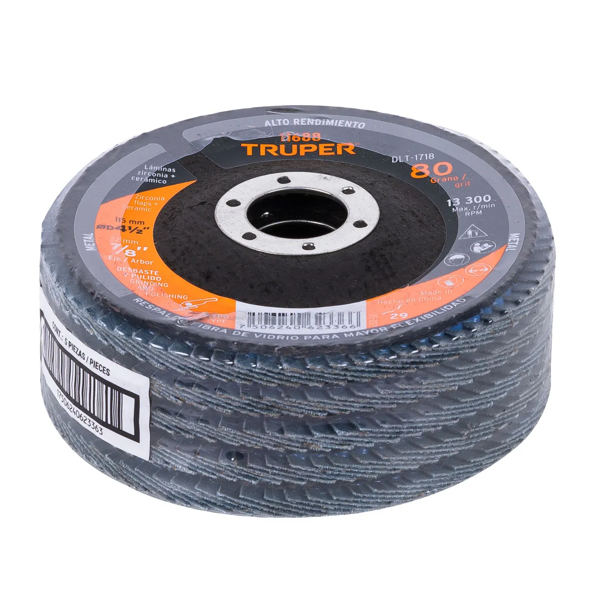 Disco Laminado Centro 7/8" Grano 80 de 4 1/2" Truper - 11688