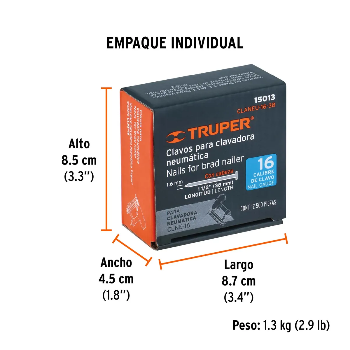 Caja con 2500 Clavos Calibre 16 de 38 mm para CLNE-16 Truper - 15013