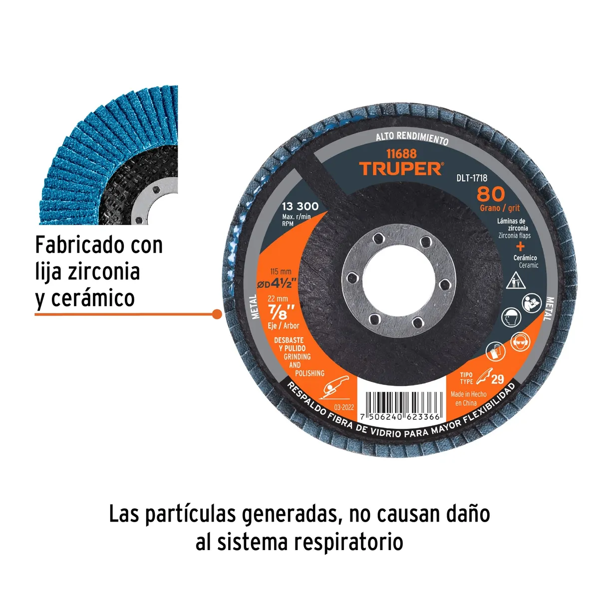 Disco Laminado Centro 7/8" Grano 80 de 4 1/2" Truper - 11688