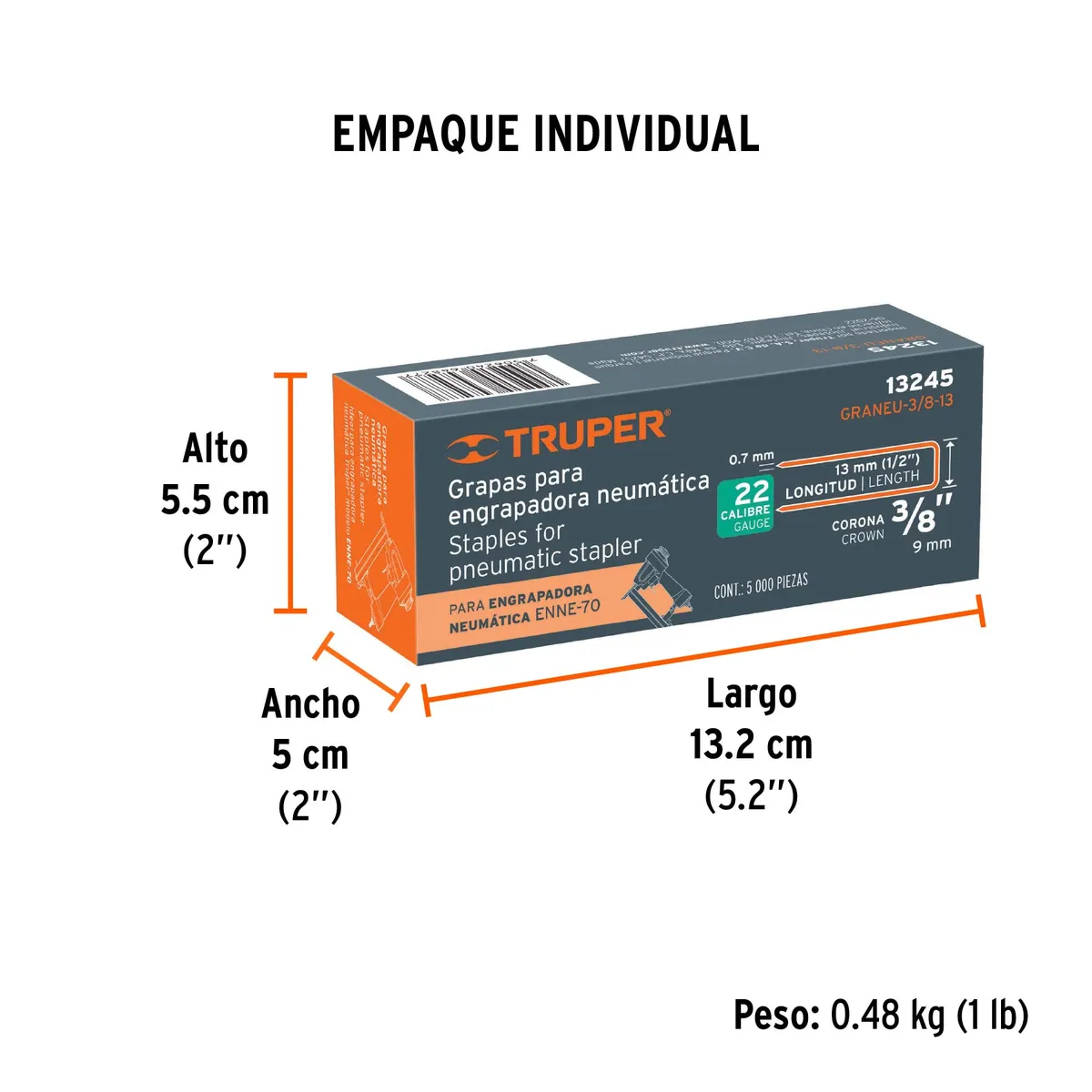 Caja con 5000 Grapas Corona 3/8" Calibre 22 Truper - 13245
