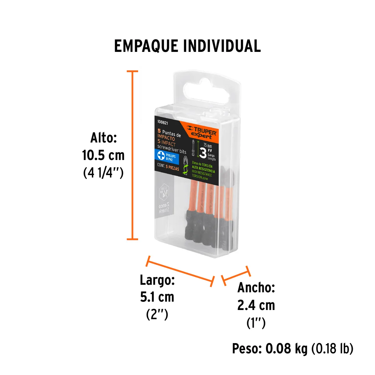 Estuche con 5 Puntas de Cruz PH2 de Impacto Largo 3" Truper - 100821