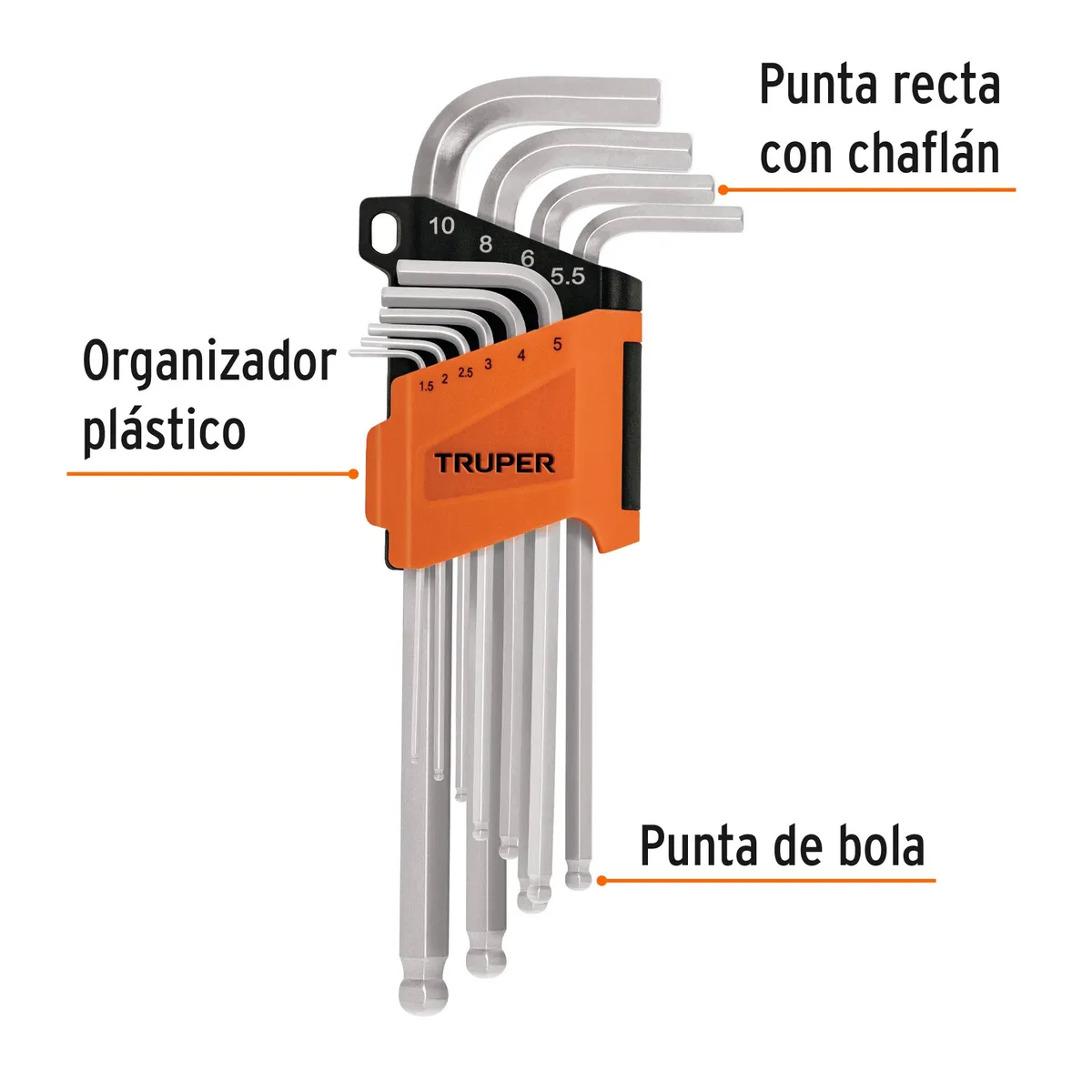 Juego de 10 Llaves Allen Largas mm Punta de Bola Truper - 13644