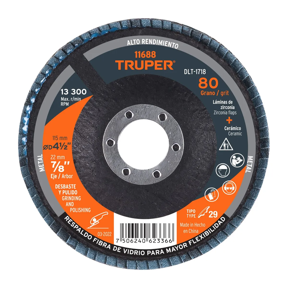 Disco Laminado Centro 7/8" Grano 80 de 4 1/2" Truper - 11688