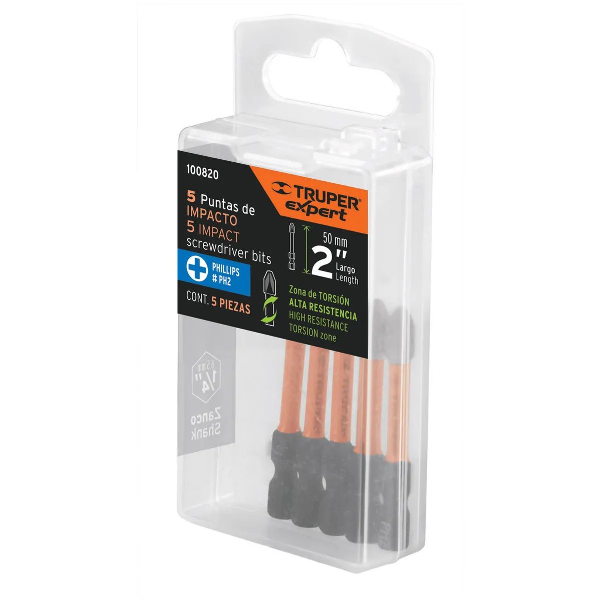 Estuche con 5 Puntas de Cruz PH2 de Impacto Largo 2" Truper - 100820