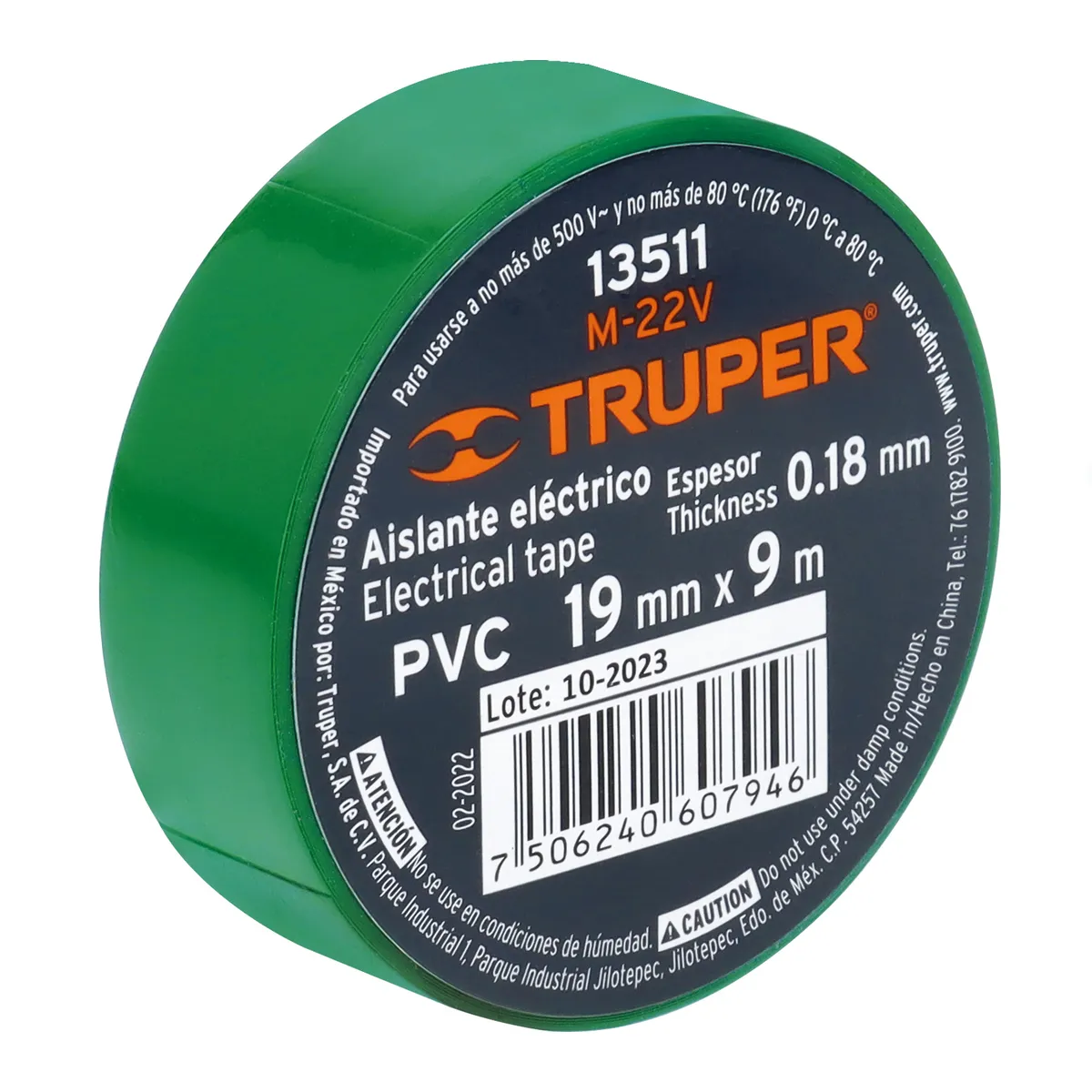Cinta de Aislar 9 m x 19 mm Verde Truper - 13511