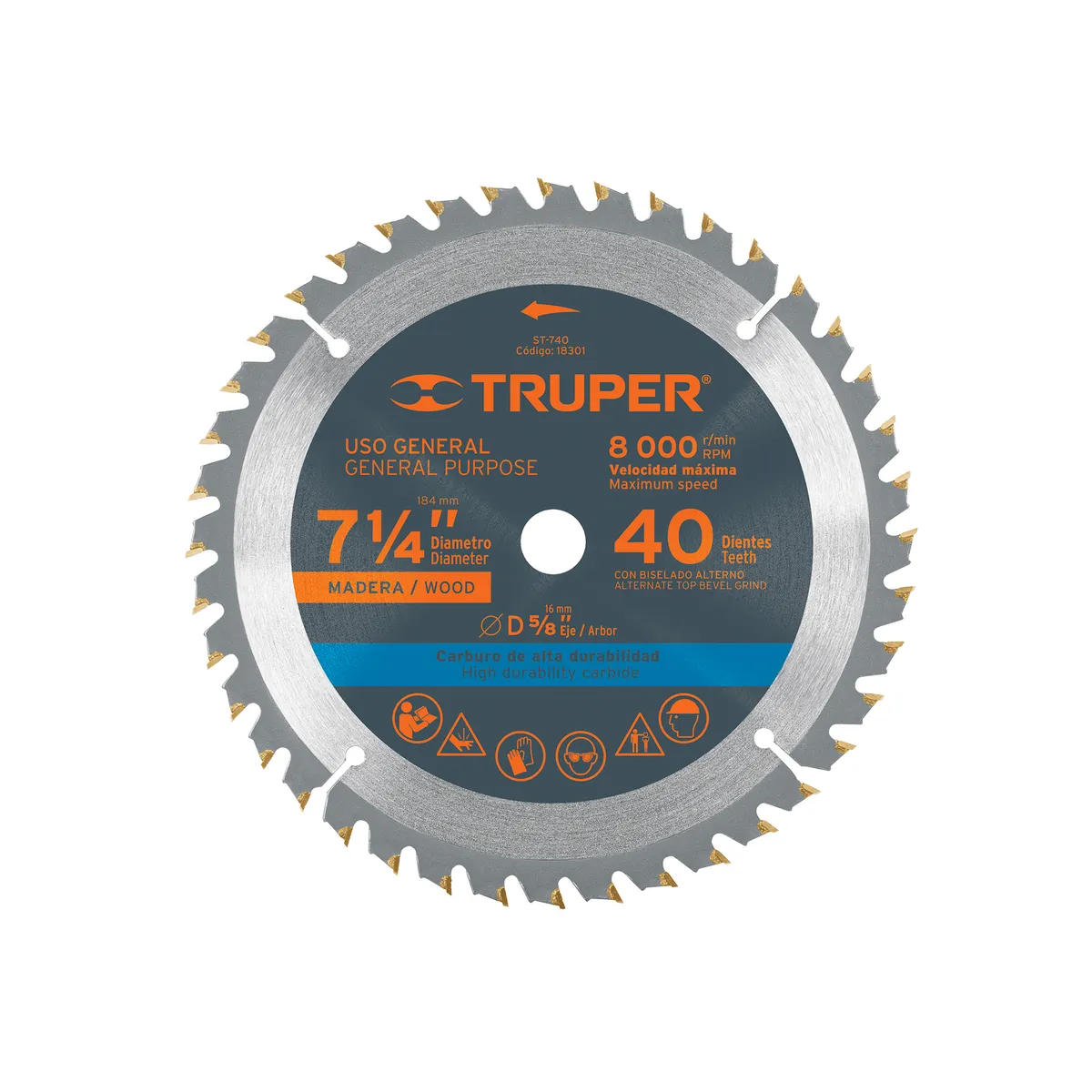 Disco Sierra 7 1/4" para Madera 40 Dientes Eje 5/8" Truper - 18301