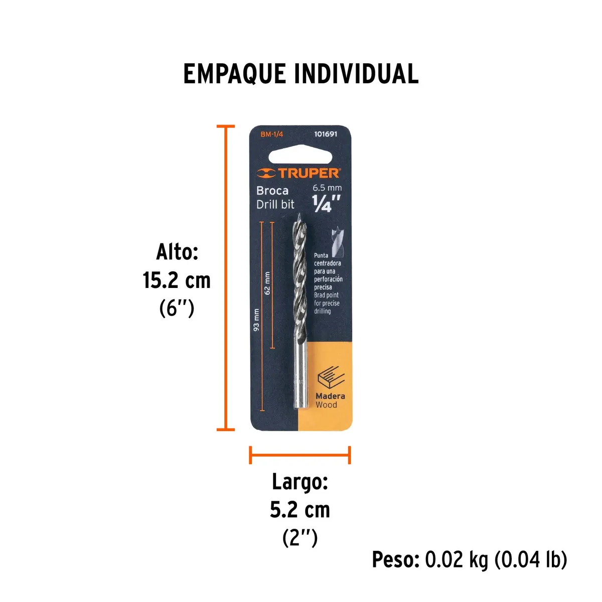 Broca con Punta Centradora para Madera 1/4" Truper - 101691