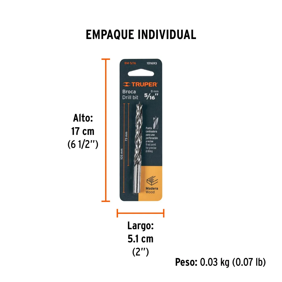 Broca con Punta Centradora para Madera 5/16" Truper - 101693