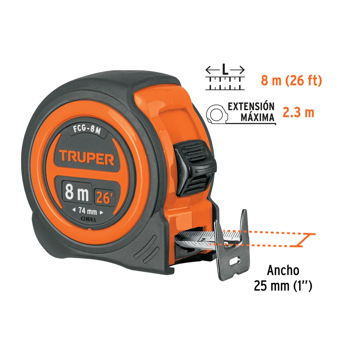 Flexómetro Contra Impactos 8 m Truper FCG-8M - 12774