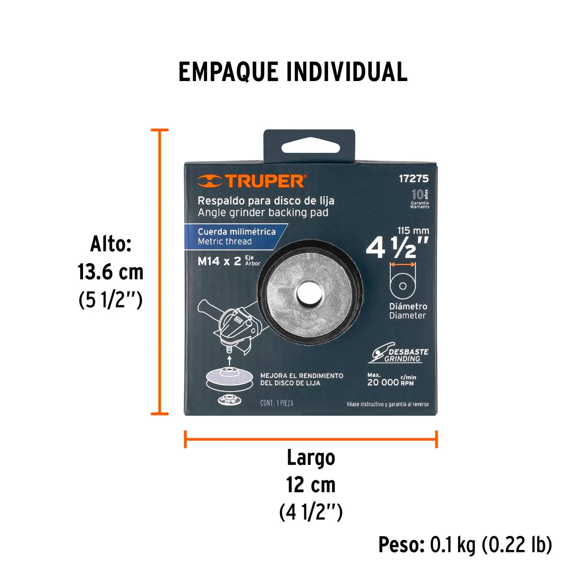 Respaldo para Disco de Lija Eje M14 de 4 1/2" Truper - 17275