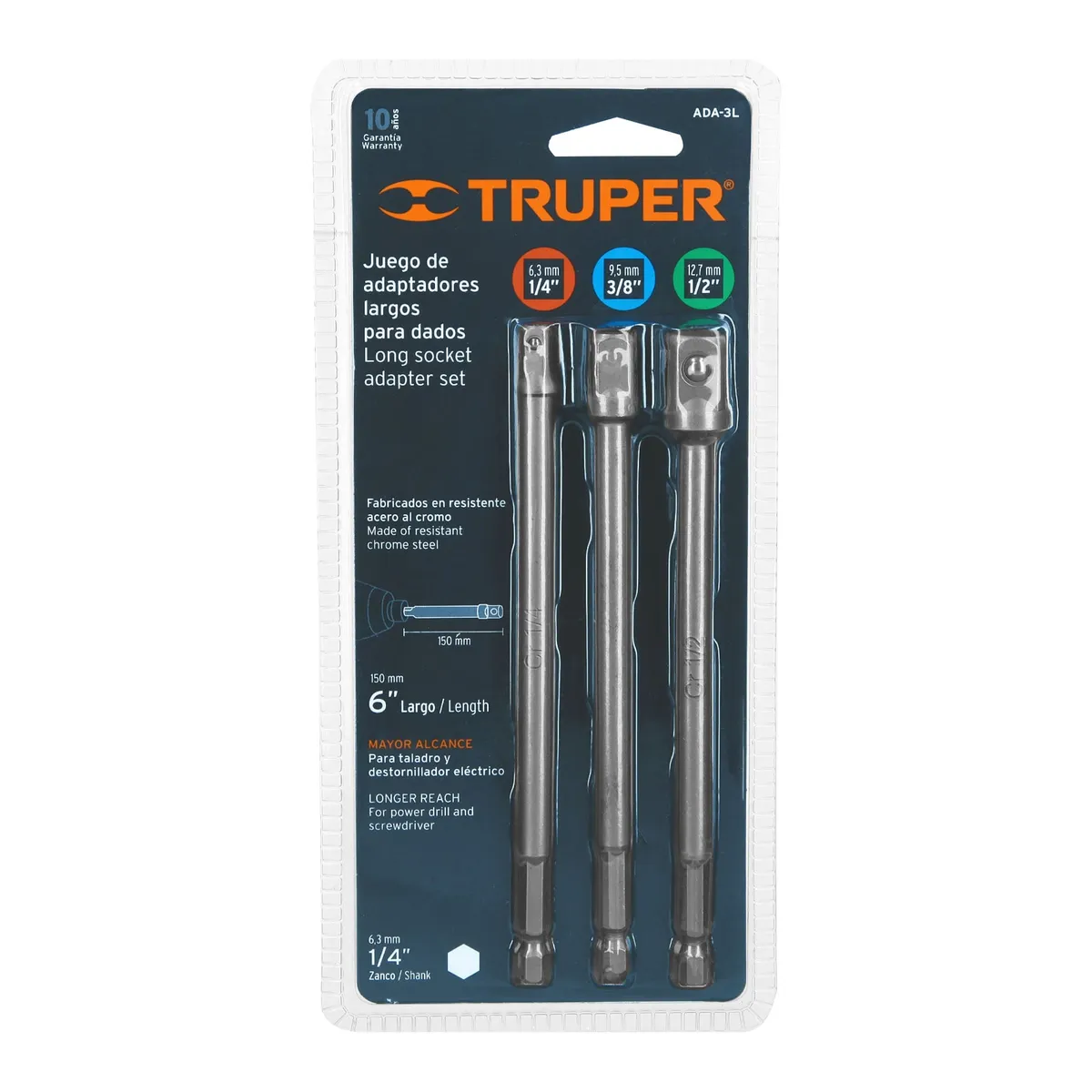 Juego de 3 Adaptadores Largos para Dados 1/4", 3/8" y 1/2" Truper - 19599