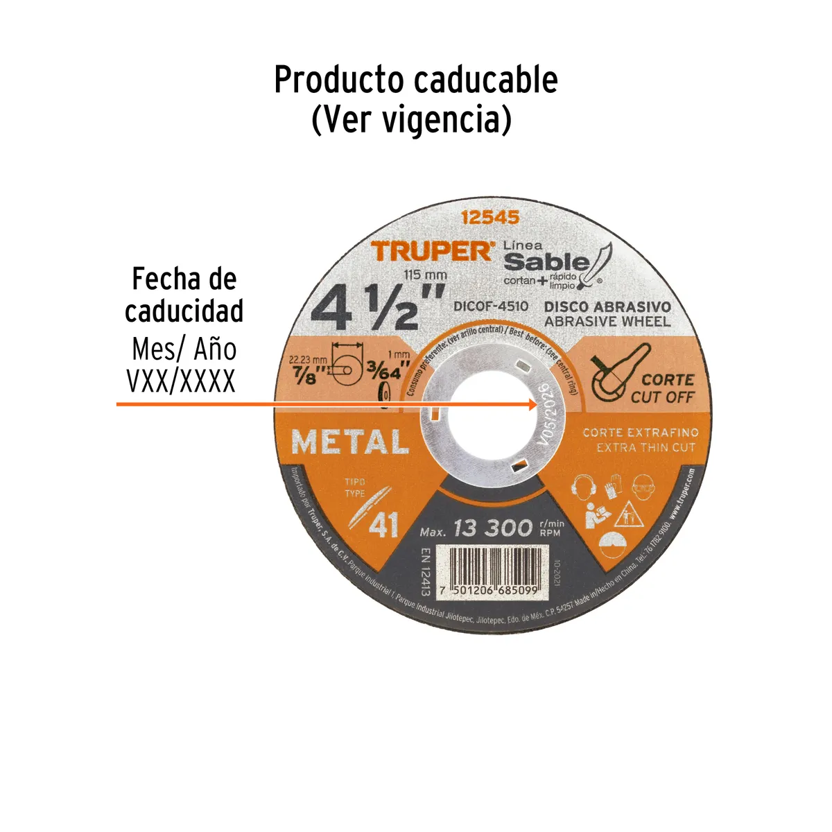 Disco Tipo 41 de 4 1/2" x 1 mm Fino Corte de Metal Truper - 12545