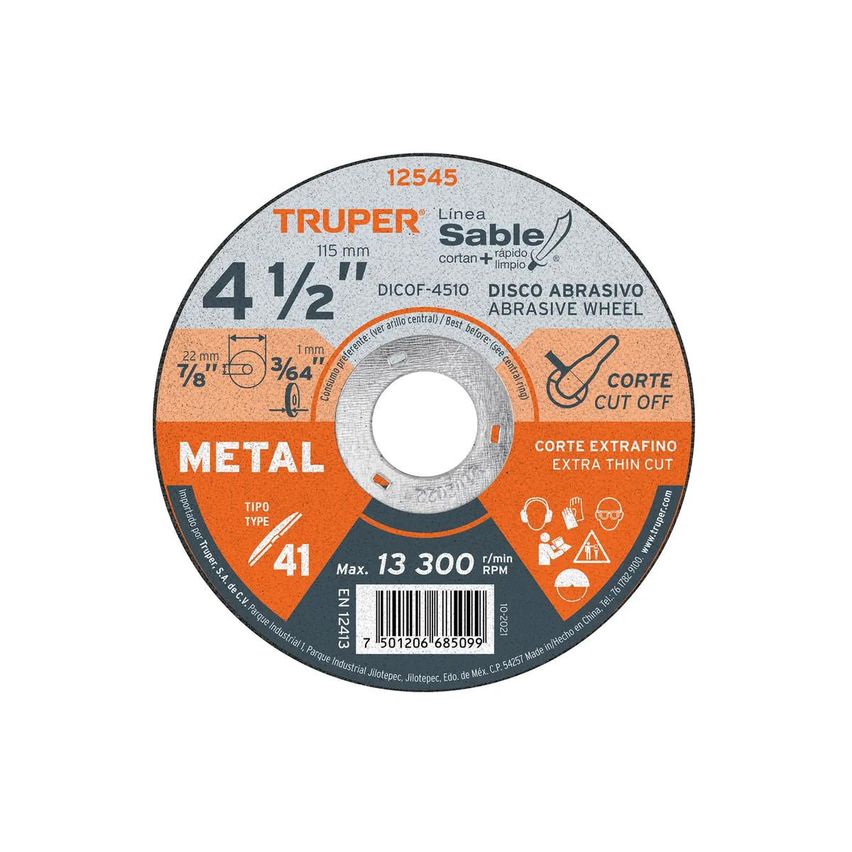 Disco Tipo 41 de 4 1/2" x 1 mm Fino Corte de Metal Truper - 12545