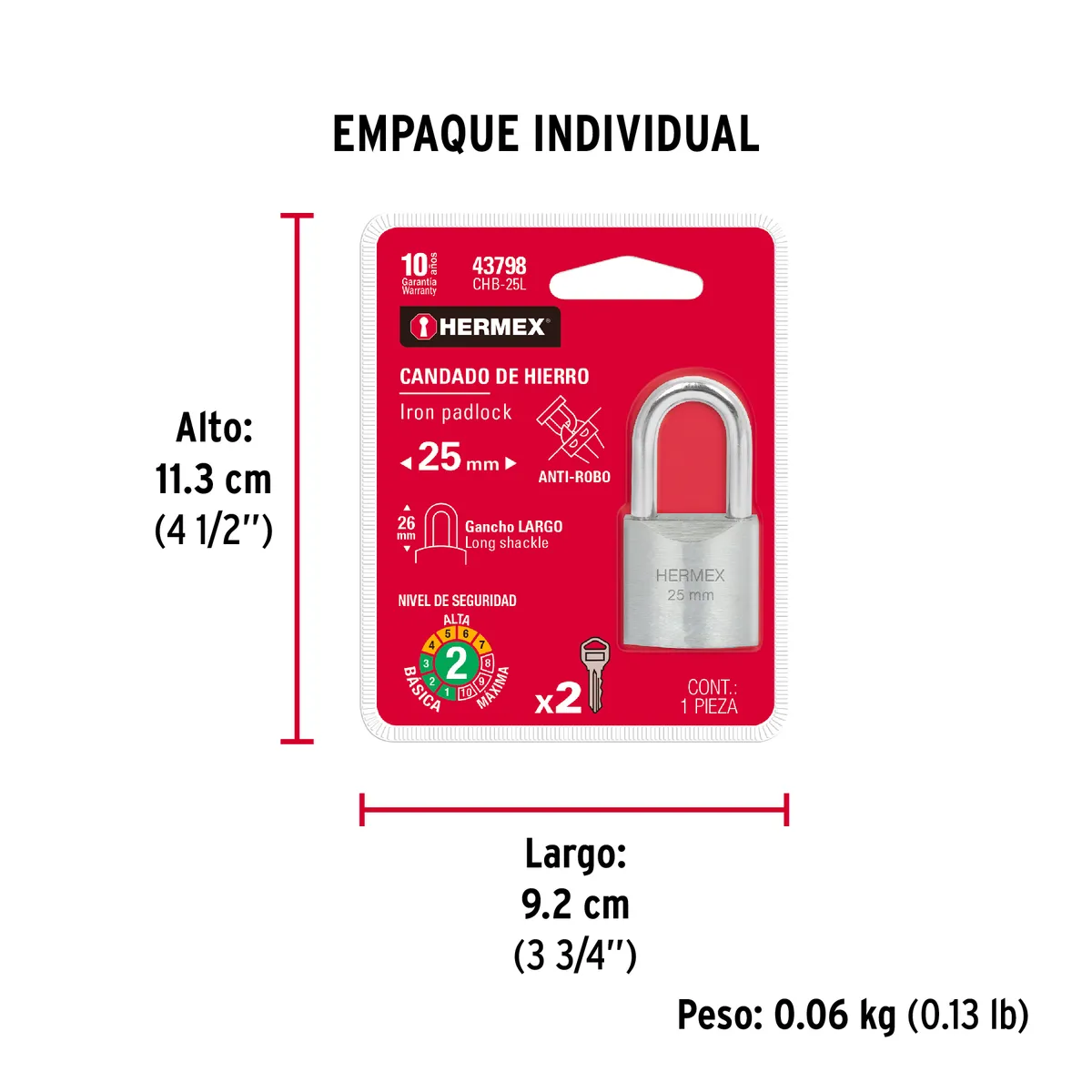 Candado de Hierro 25 mm Gancho Largo CHB-25L Truper - 43798