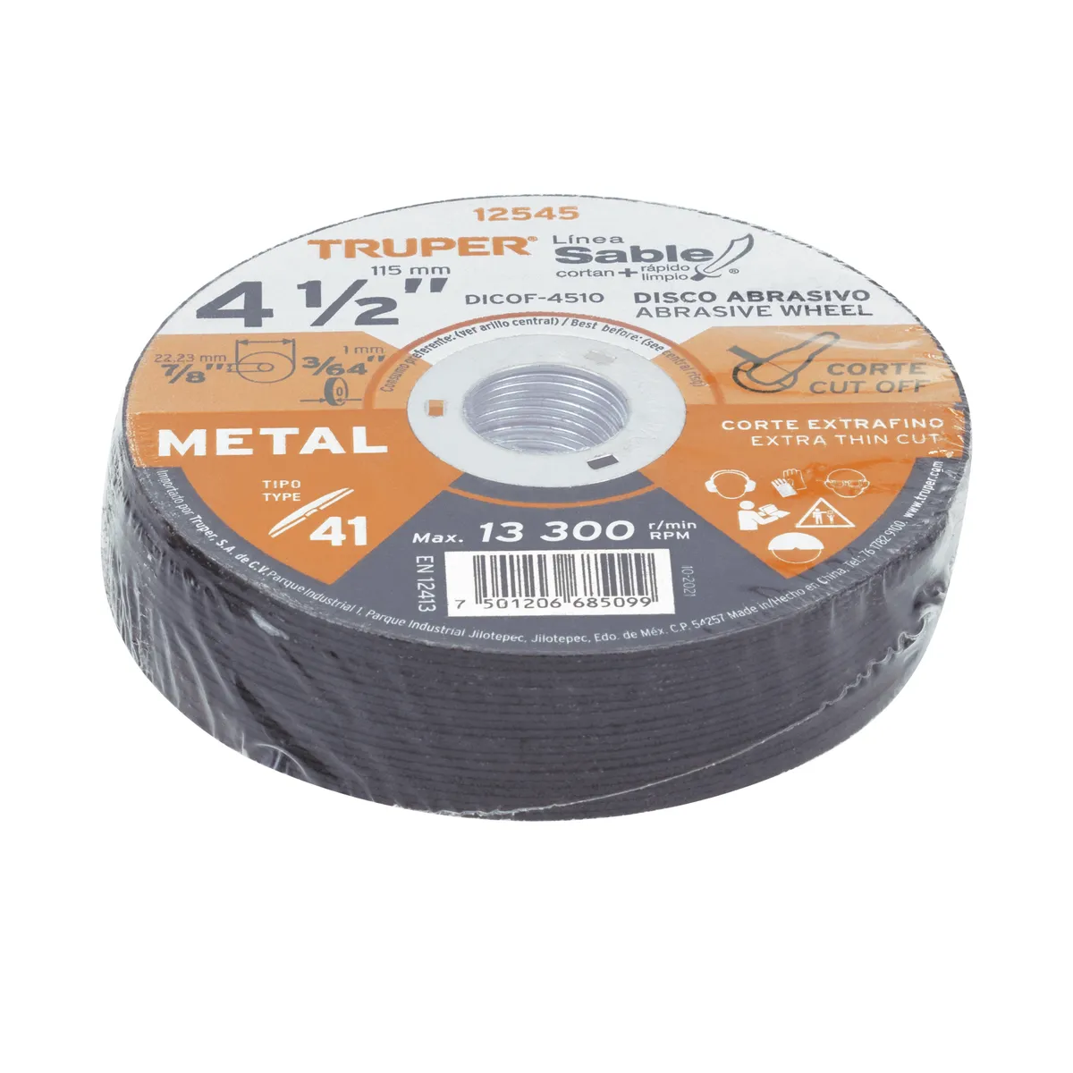Disco Tipo 41 de 4 1/2" x 1 mm Fino Corte de Metal Truper - 12545