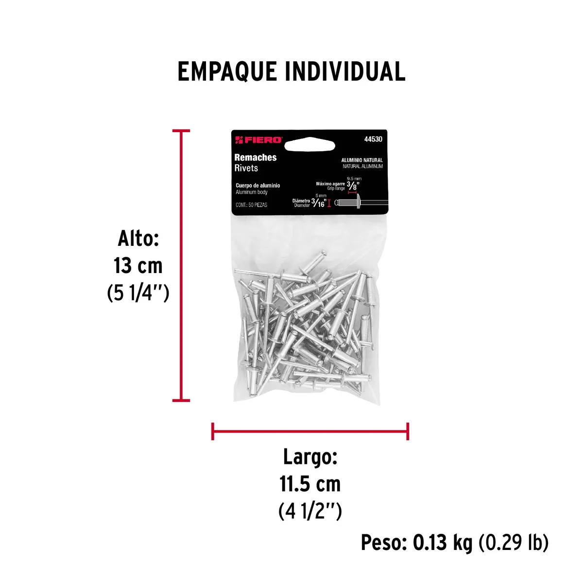 Bolsa con 50 Remaches 3/16" x 3/8" Ala 3/8" Truper - 44530