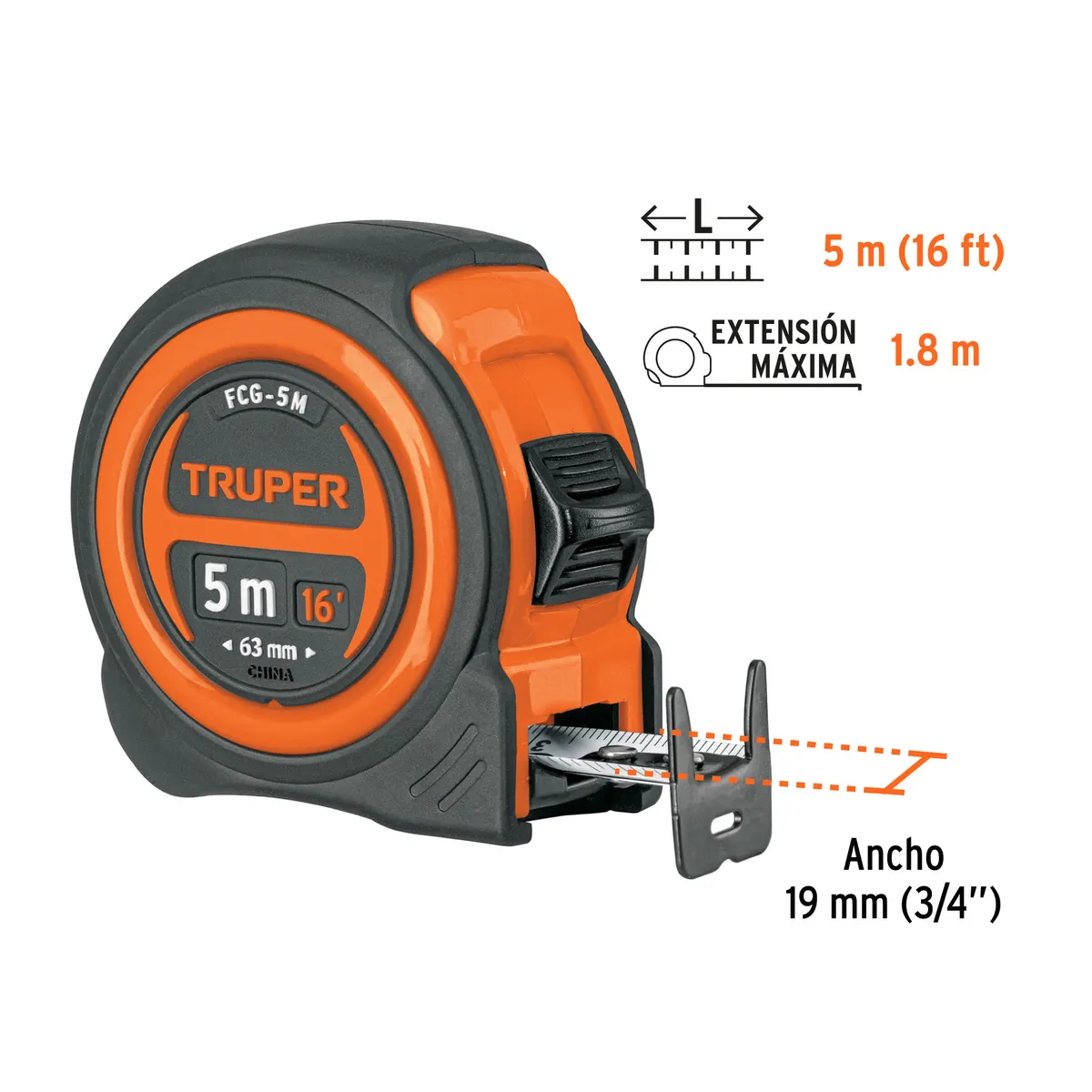 Flexómetro Compacto Contra Impactos 5 m Truper - 12772