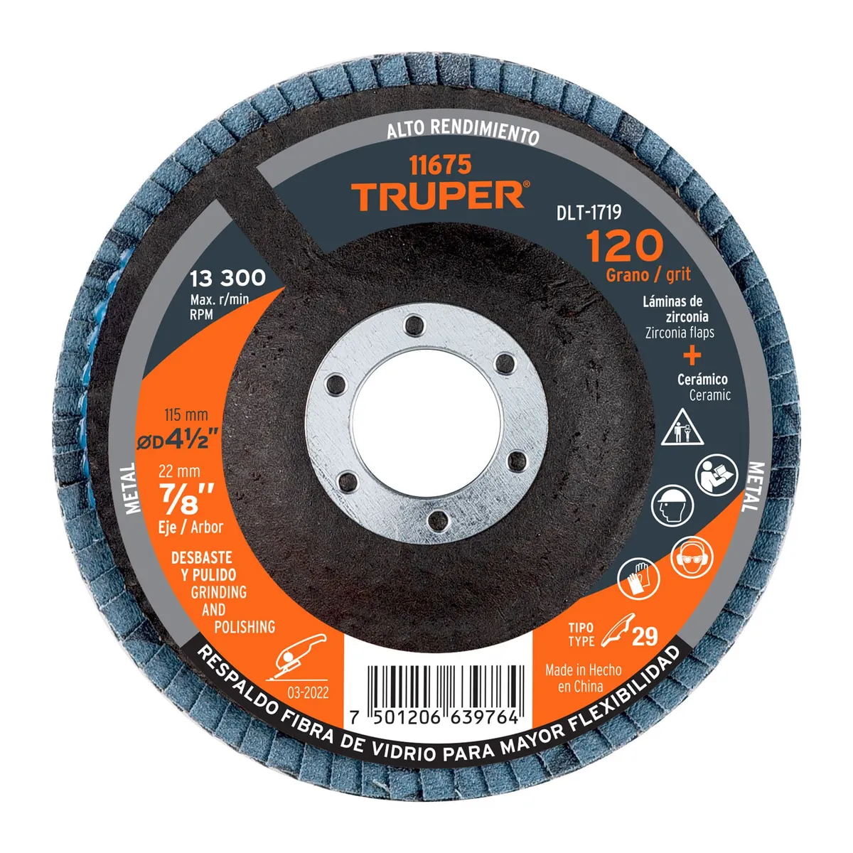Disco Laminado Centro 7/8" Grano 120 de 4 1/2" Truper - 11675