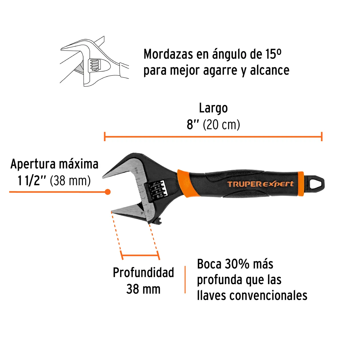 Llave Perico Ajustable Boca Ancha 8" Truper Expert - 101034
