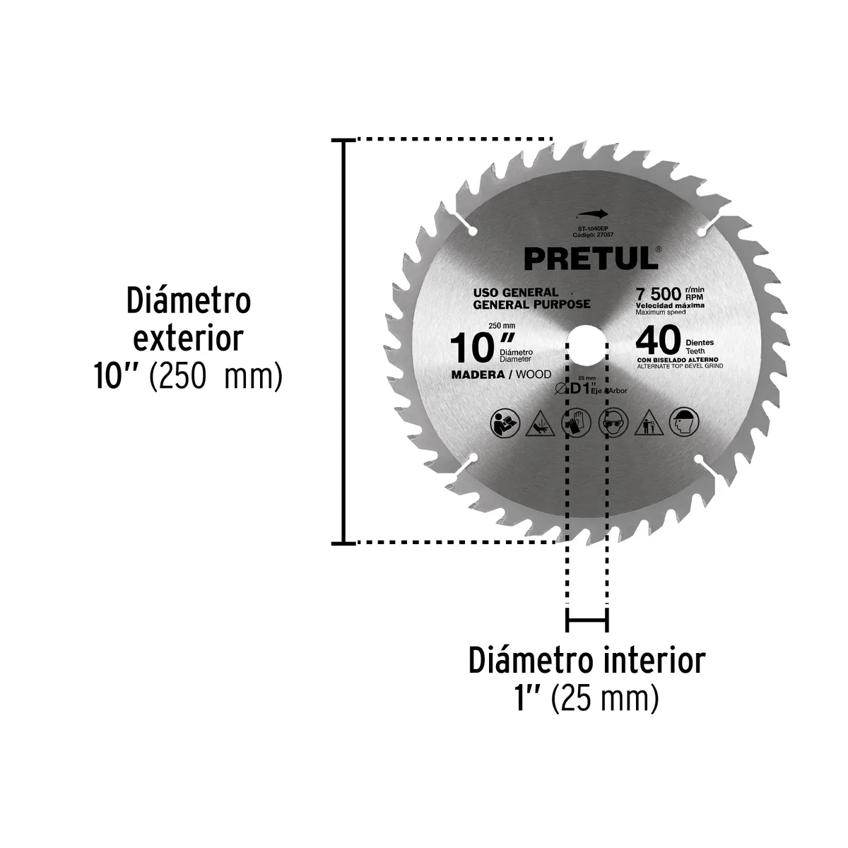 Disco Sierra 10" para Madera 40 Dientes Centro 1" Pretul - 27057