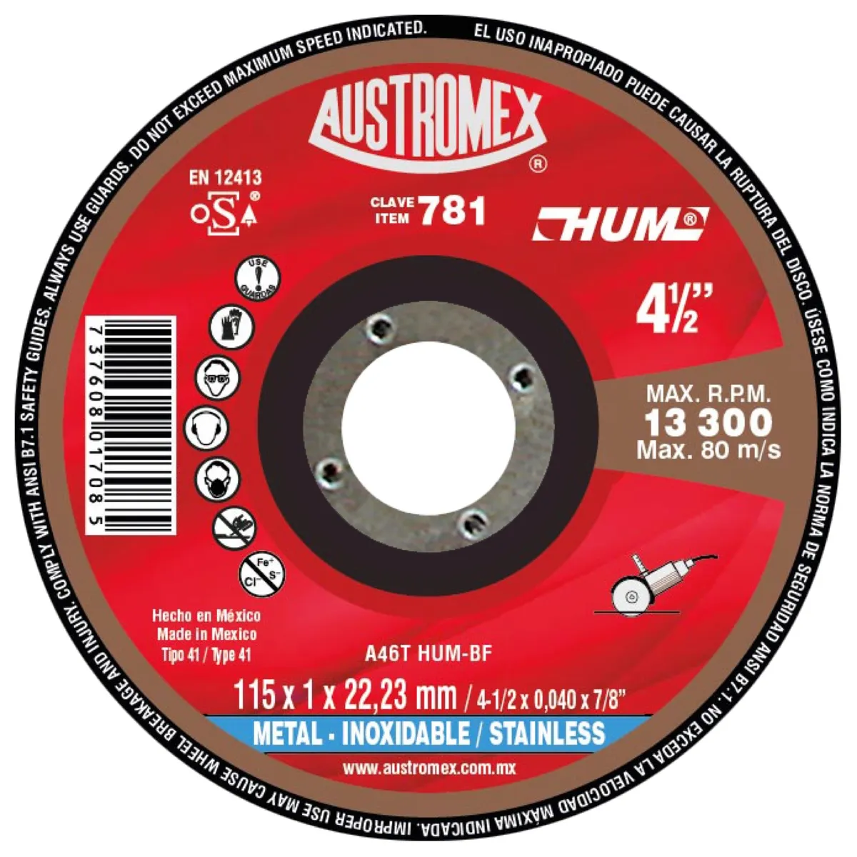 Disco de Corte para Metal HUM 4 1/2" x 7/8" Austromex - A-781