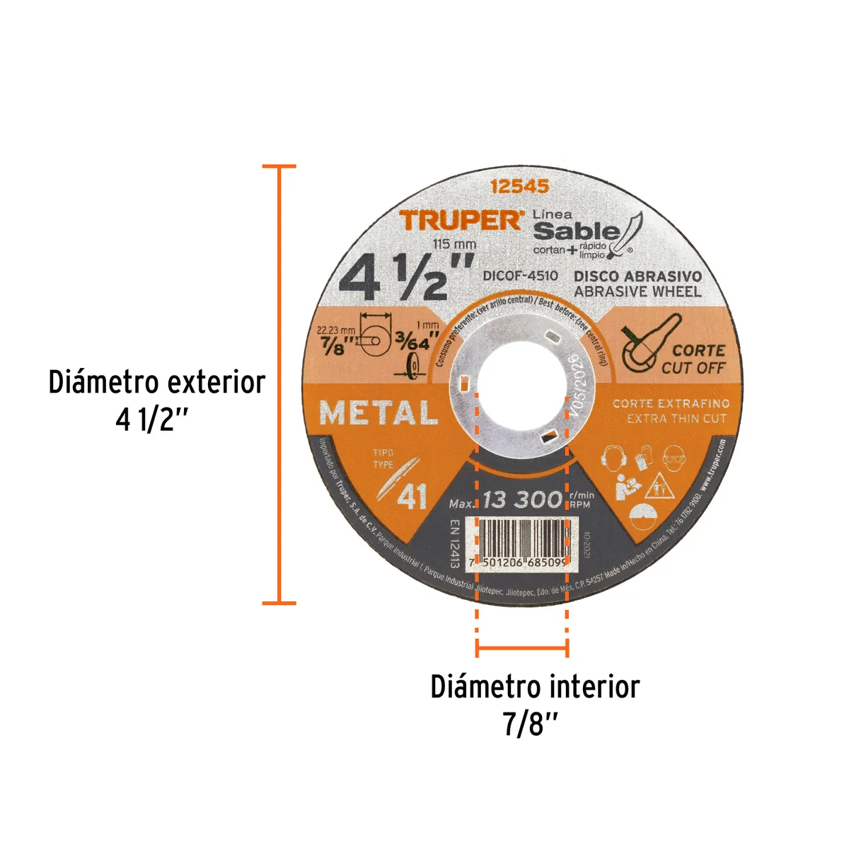Disco Tipo 41 de 4 1/2" x 1 mm Fino Corte de Metal Truper - 12545