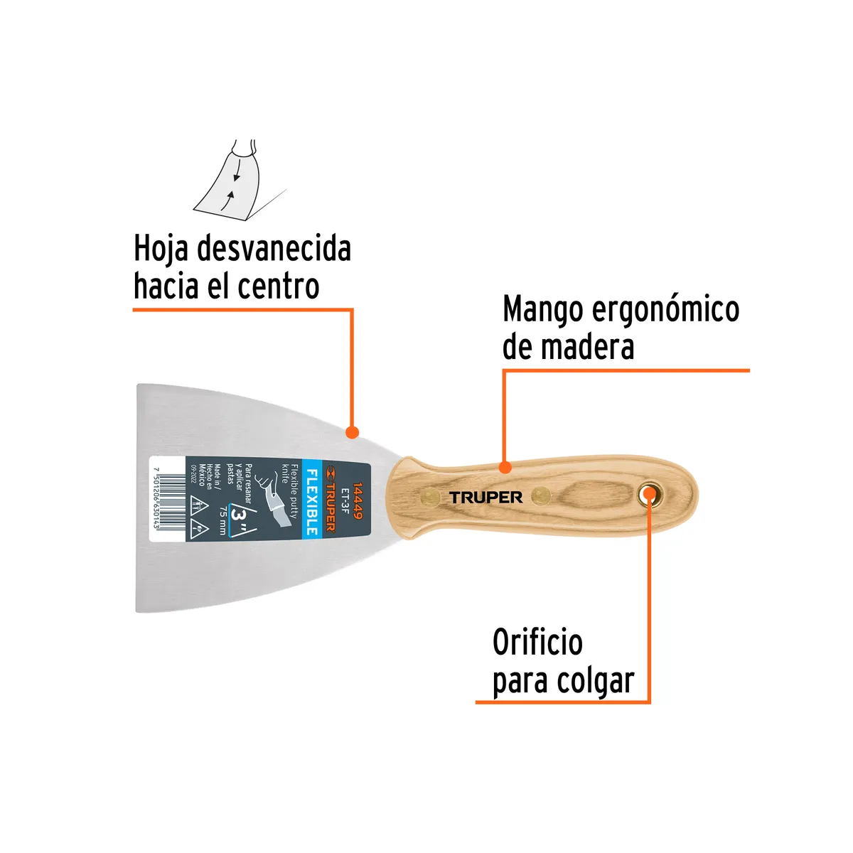 Espátula Flexible 3" Mango de Madera Truper - 14449